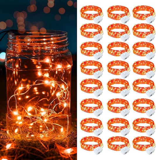 24 Pack Orange Fairy Lights Battery Operated, 7ft 20 LED Mini String Twinkle Lights for Christmas Halloween Mason Jars Centerpiece Table Decorations (24, Orange)