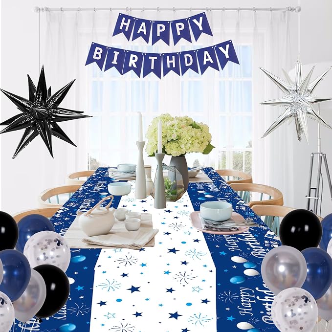 Black and Blue Birthday Decorations for Men Boys Women Girls, 75 PCS Blue and Silver Party Decorations Happy Birthday Backdrop Banner Blue Black Silver Confetti Star Balloons Arch Tablecloth