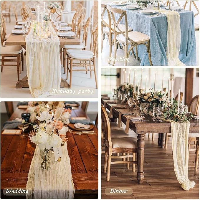 Fivenl 12 Pack Cheesecloth Table Runner 35x72 Inch Boho Gauze Table Runner Rustic Cheese Cloth Long Table Runner Romantic Table Runner for Wedding Bridal Shower Birthday Party Table Decor (Beige)