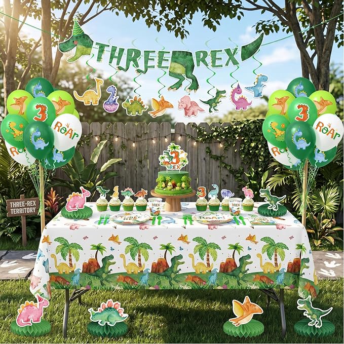 210 Pcs 3rd Dinosaur Birthday Party Decorations 24 Guests ，Three-Rex T-Rex Rawr Dino Party Supplies with Banner Hanging Plates Napkins Cups Forks Knives Tablecloth Topper Balloons for Boy Party