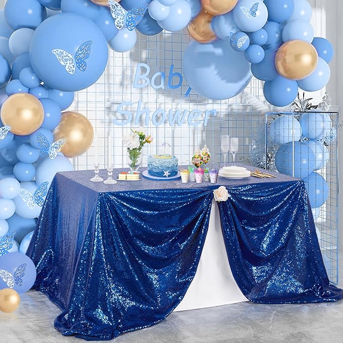 Blue Sequin Tablecloth Glitter Birthday Table Cloth Sparkly Iridescent Shimmer for Rectangle Table Cloth 90 x 90 Inches Table Cloths Decorations for Party Supplies Event Wedding Table Skirt Decor