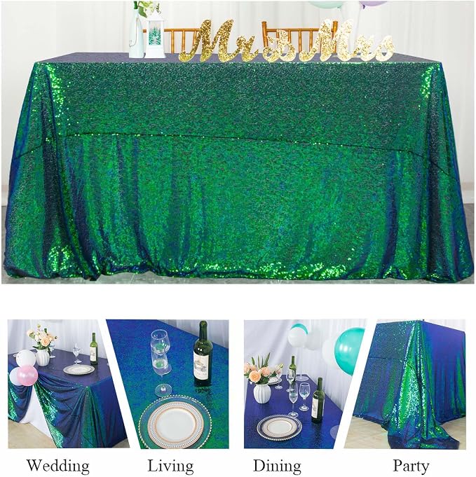 ShiDianYi Sequin Tablecloth Rectangle 50x72-Inch Iridescent Green Table Cloths for Parties Rectangular Table Cover Overlay Green Blue Sequin Fabric Linens Birthday/Baby Shower/Tea Party Decor