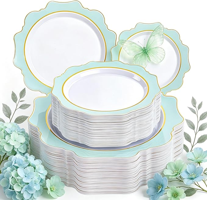 WDF 100PCS Mint Green Plastic Plates - Green Spring Plates Disposable - Heavy Duty Scalloped Plastic Plate for Parties/Wedding/Spring