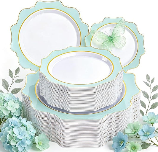 WDF 100PCS Mint Green Plastic Plates - Green Spring Plates Disposable - Heavy Duty Scalloped Plastic Plate for Parties/Wedding/Spring