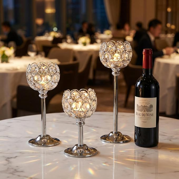 Crystal Candle Holders 2 Set of 6 - Sliver Vintage Hollow Ball Candle Stand for Table Centerpiece, Crystal Metal Tealight Candlestick for Wedding, Dining Room Decor