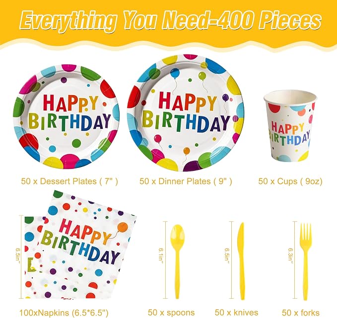 400 Pcs Disposable Birthday Party Tableware Set for 50 Guests | Heavy-Duty 7" & 9" Paper Plates, Cups, 13" Napkins & Plastic Cutlery, Rainbow Confetti "Happy Birthday" Party Supplies