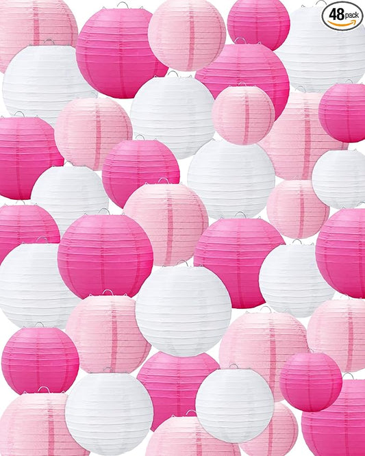 Treela 48 Pcs Paper Lanterns Party Decorations Chinese Round Paper Decor 4/6/8/10 Inch Asian Hanging Lamps Decorative for Birthday Party Wedding Bridal New Year Supplies(Pink,White)