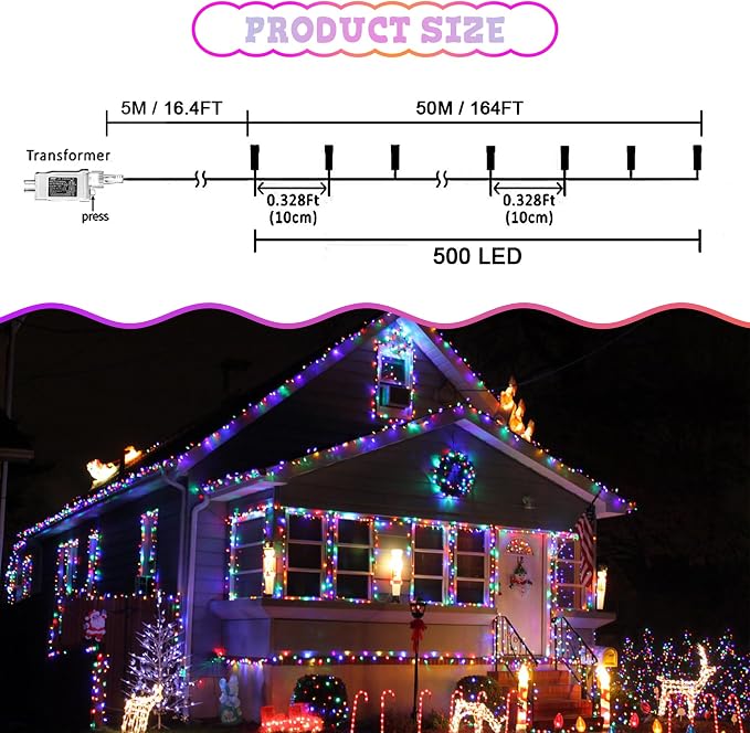weillsnow 164 FT 500 LED Christmas Lights Outdoor, Waterproof Christmas Fairy Lights with Timer, Plug in Multicolor LED String Lights with 8 Modes for Bedroom Wedding Party Xmas Decoration