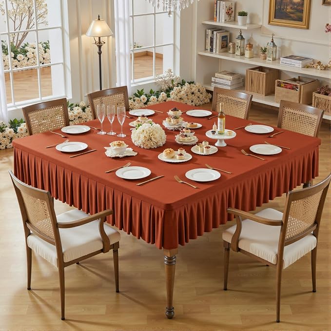 Wish Care Rust Spandex Tablecloths for 54x54 Inch Square Tables, Stretch Fitted Table Clothes with Pleated Ruffle Skirt for 54” Table, Wrinkle Free and Elastic, for Party Kitchen Home Dining