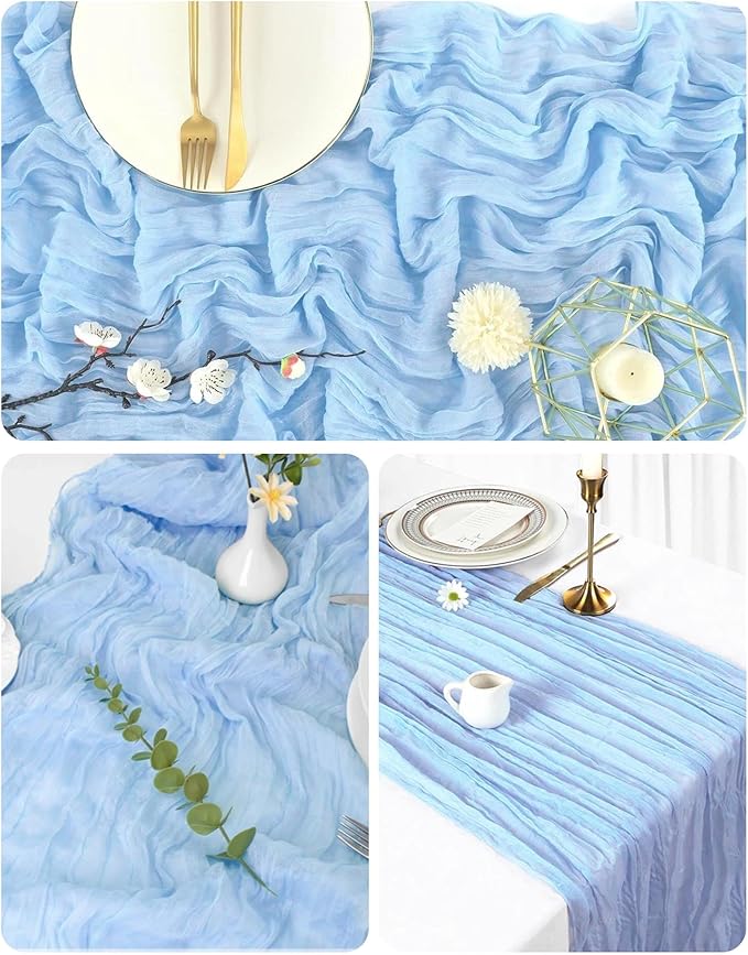 Baby Blue Cheesecloth Table Runner 21x120 Inch Gauze Table Runners Reusable Polyester 10ft Boho Rustic Cheese Cloth Table Runner for Wedding Party Baby Shower Birthday