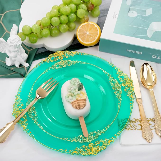 Hioasis 175pcs Clear Green Plastic Plates - Elegant Disposable Dinnerware Set Suitable for 25 Guests Include 10.25" Dinner & 7.5" Dessert Plates, Cutlery, Napkins, Cups for Party & St. Patrick's Day