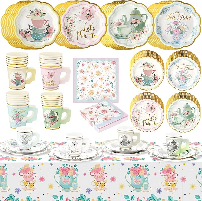 Yungyan 193 Pcs 48 Guests Tea Birthday Party Supplies Disposable Tableware Set 9 oz Paper Cups with Handle 7" 9" Paper Plates Napkin Tablecloth for Party Wedding Baby Shower (Elegant Style)