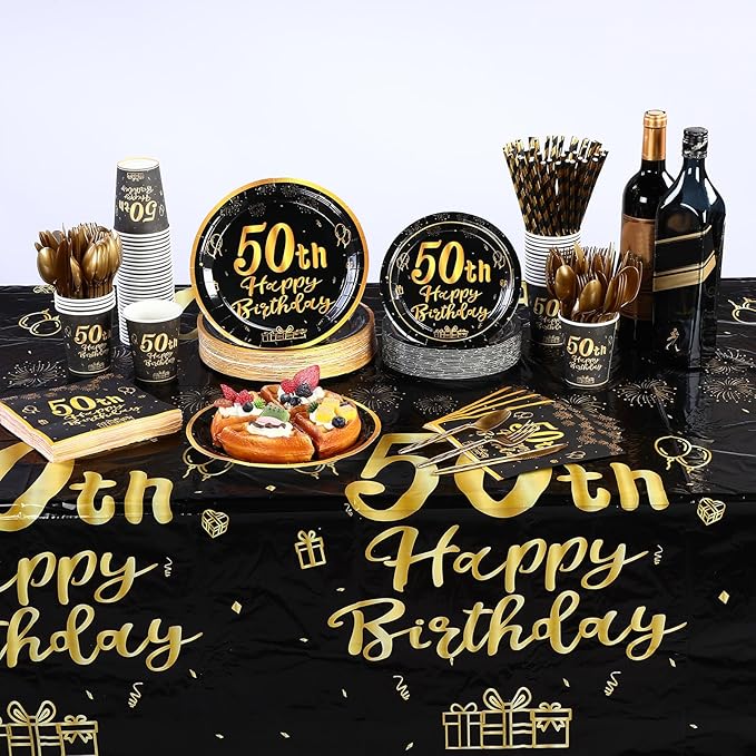 Funnymoom 452 Pcs 50th Birthday Party Decorations Set for Men Women, Black and Gold Happy 50th Birthday Paper Plates Napkins Cups Tablecloth Cutlery Straws for Cheers to 50 Years Anniversary Party