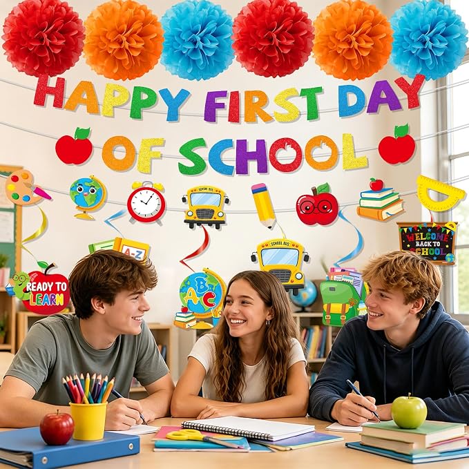 Welcome Back to School Decorations - 15PCS Happy First Day of School Party Banner Hanging Swirls Paper Pompoms, Welcome First Day of Classroom Party Decor Supplies