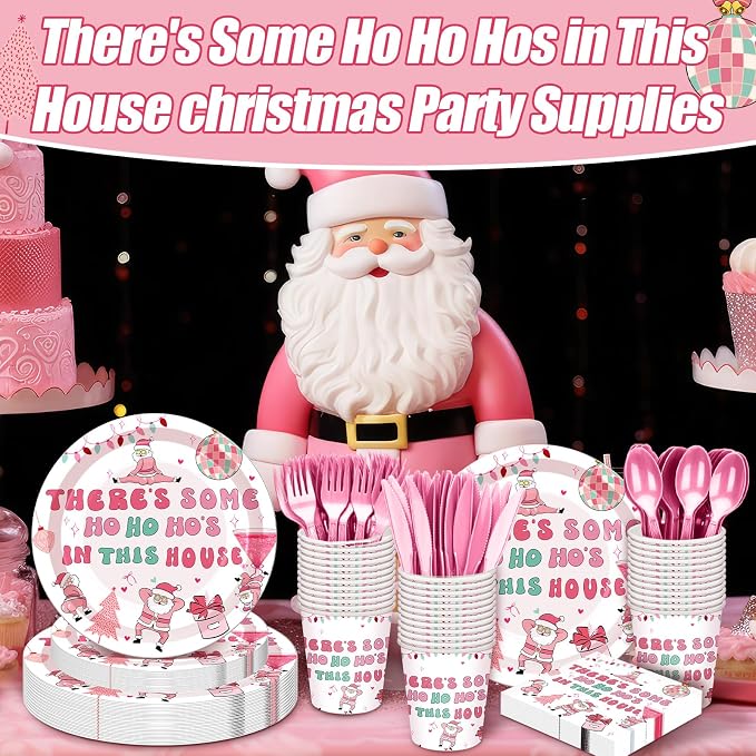 168 Pcs Christmas Party Decorations Pink Friendsmas Christmas Party Supplies Santa Claus Xmas Tableware Set Disposable Paper Plates Cups Utensils Serve 24 for Pink Friendsmas Holiday