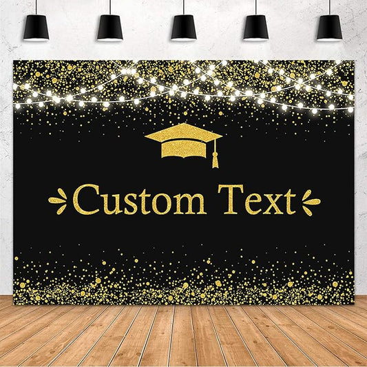 MEHOFOND Custom Black and Gold Graduation Backdrop Class of 2025 Graduation Party Decorations Congratulation Graduate Backdrop 2025 Congrats Grad Banner Prom Party Decoration Photo Booth Props 7x5ft