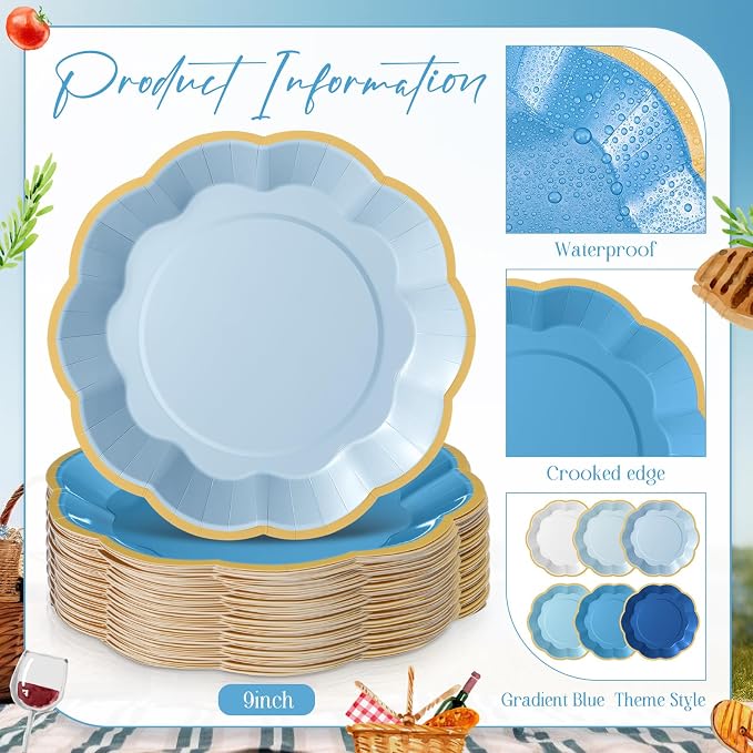 72 Pcs Blue Paper Plates 9 Inch Gradient Blue Scalloped Paper Disposable Dinner Dessert Plates for Birthday Wedding Bridal Party Supplies, 6 Colors