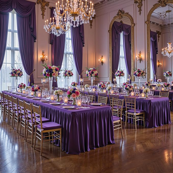 2 Packs Purple Tablecloths Rectangle Tables 6ft, Stretch Fitted Table Covers for 6 Foot Tables Wrinkle Free Rectangle Table Cloth with Skirt for Birthday Party Events Banquette Baby Shower