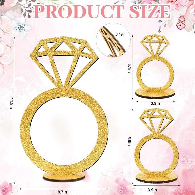 3 PCS Bridal Shower Centerpieces for Tables Diamond Ring Sign Table Centerpieces Gold Glitter Wooden Diamond Ring Sign Decor for Wedding Anniversary Supplies Batcholette Engagement Party