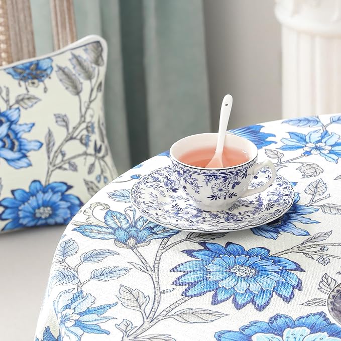 ISAENNE Designer French Linen Round Tablecloth,Diameter 67"-Blanch | Chinoiserie Vintage Elegant Table Cloth,Blue Floral Pattern,Beautiful,Dining Room,Kitchen,Tea Party,Thanksgiving,Decor
