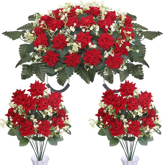 3 Piece Memorial Flowers Set for Cemetery – Large Headstone Flower Saddle + 2 Rose Bouquets with Vases & Ground Spikes, Windproof Artificial Silk Flowers for Outdoor Tombstone Decorations ﻿ (Red)