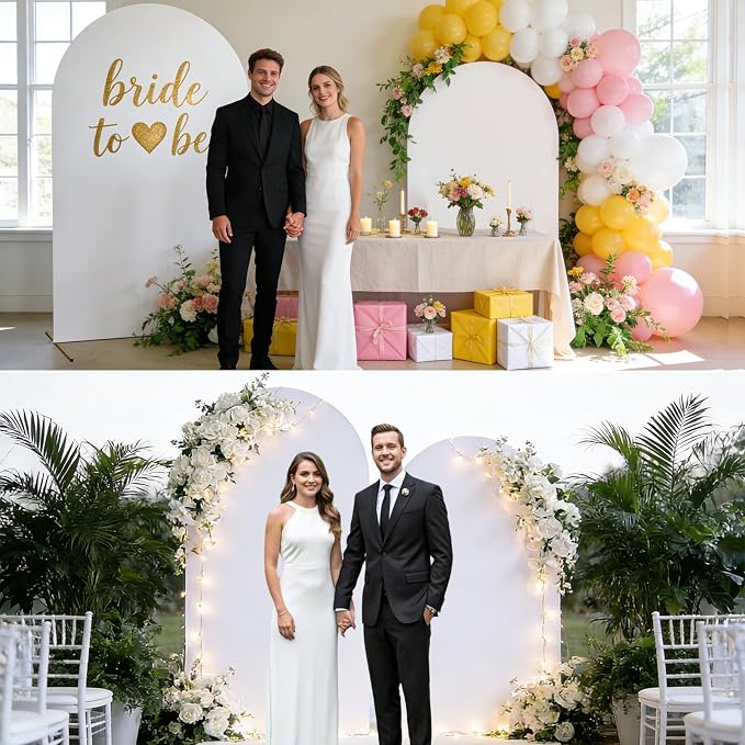 Arch Backdrop Stand and Cover Set of 2 Wedding Metal Arch Stand with Arch Cover White 7.2FT, 6FT for Wedding Party Bridal Baby Shower Birthday Ceremony Event Decor