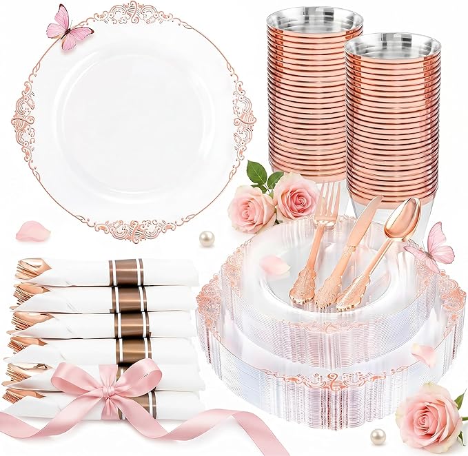 Nervure 175PCS Rose Gold Plastic Plates - Disposable Rose Gold Party Plates & Pre Rolled Napkins with Cutlery for 25 Guests, 50Plates, 75Silverware, 25Cups, 25Napkin for Wedding & Party & Mothers Day