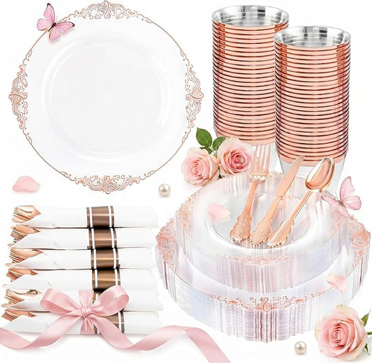 Nervure 175PCS Rose Gold Plastic Plates - Disposable Rose Gold Party Plates & Pre Rolled Napkins with Cutlery for 25 Guests, 50Plates, 75Silverware, 25Cups, 25Napkin for Wedding & Party & Mothers Day