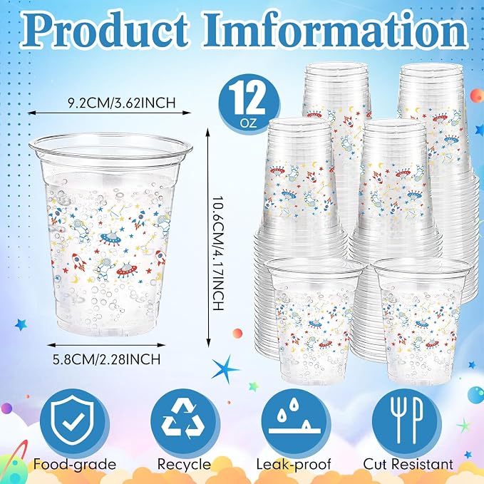 Funnymoom 60 Pack Space Plastic Cups 12 oz Outer Space Galaxy Planet Disposable Clear Plastic Drinking Cups for Planet Solar System Birthday Baby Shower Party Decoration Supplies