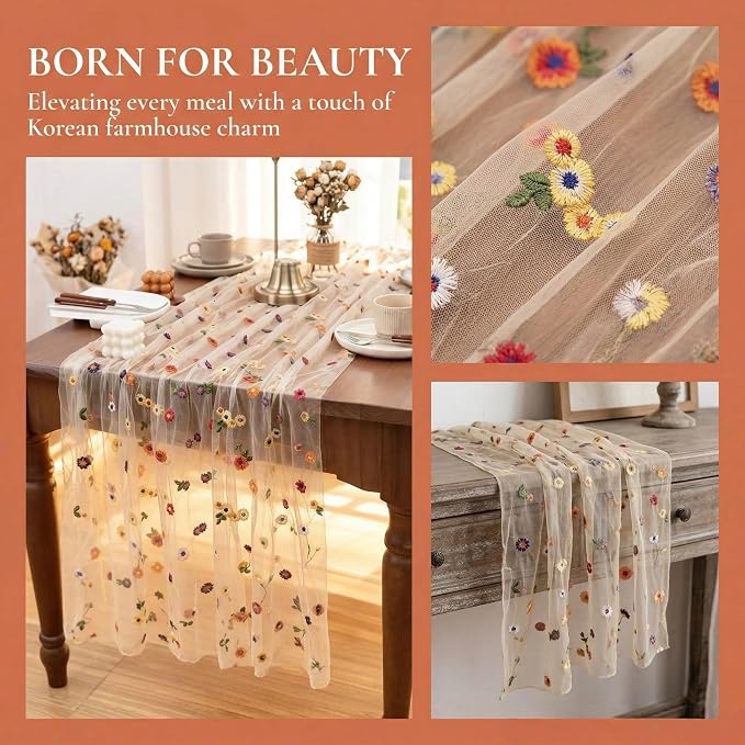 Floral Table Runner 30 x 120 Inch, 1 Pack Champagne Embroidered Daisy Sheer Tulle Gauze Table Runner for Wedding, Birthday Tea Party, Home Dining Decor