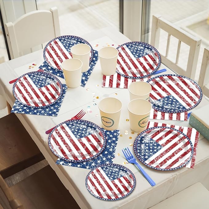 50 Guests 4th of July American Flag Patriotic Party Decorations Plates Napkins 250th Anniversary Themed Tableware Set Veterans Day Party Supplies Independence Paper Plates Napkins 200PCS