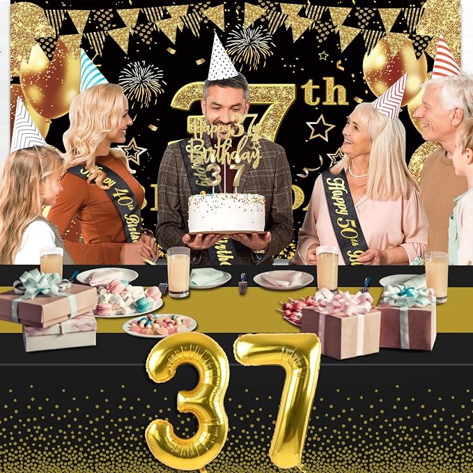 37th Birthday Decorations Men Women with 37th Birthday Banner, Black and Gold Table Cloth, Number Balloons, Large Sash, Cake Topper and Candles
