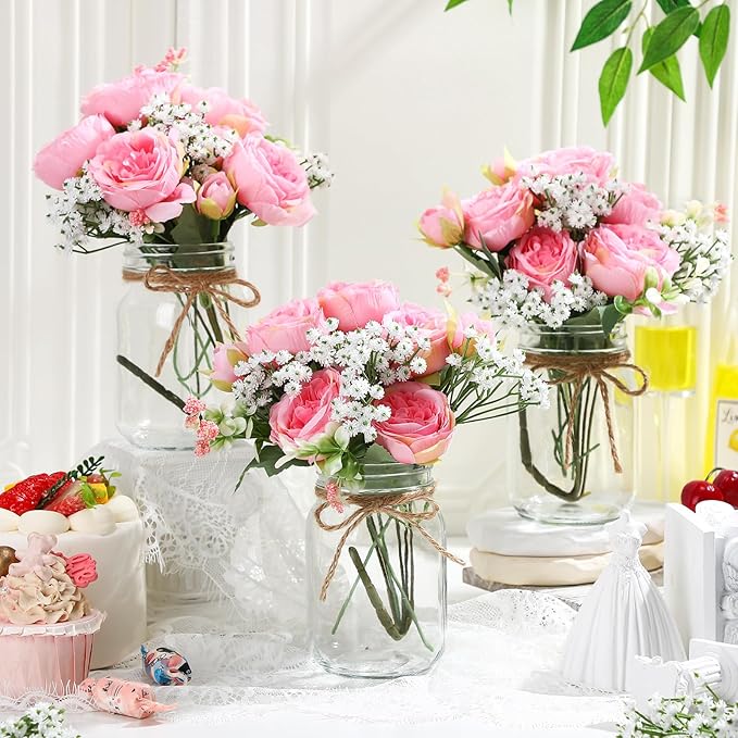Zeyune 12 Sets Mason Jar Centerpiece Table Decorations, Artificial Peony Baby's Breath Flower Bouquets, Faux Flowers with Vase, Rustic Decor Gifts for Home, Wedding, Holiday (Coral Pink)