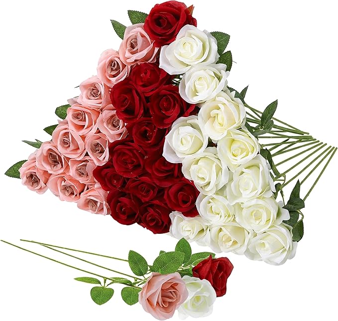 36 Pcs Red White Pink Artificial Roses with Long Stems, Fake Silk Rose Artificial Flowers Bulk for Bridal Wedding Bouquet Centerpiece Ball Arrangement Party Decor