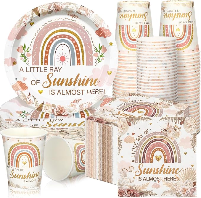 200 Pcs Rainbow Baby Shower Paper Plates Napkins Cups Baby Shower Party Supplies Tableware Set Boho Disposable Cup Napkin for 50 Guest Girls Spring Party Decoration
