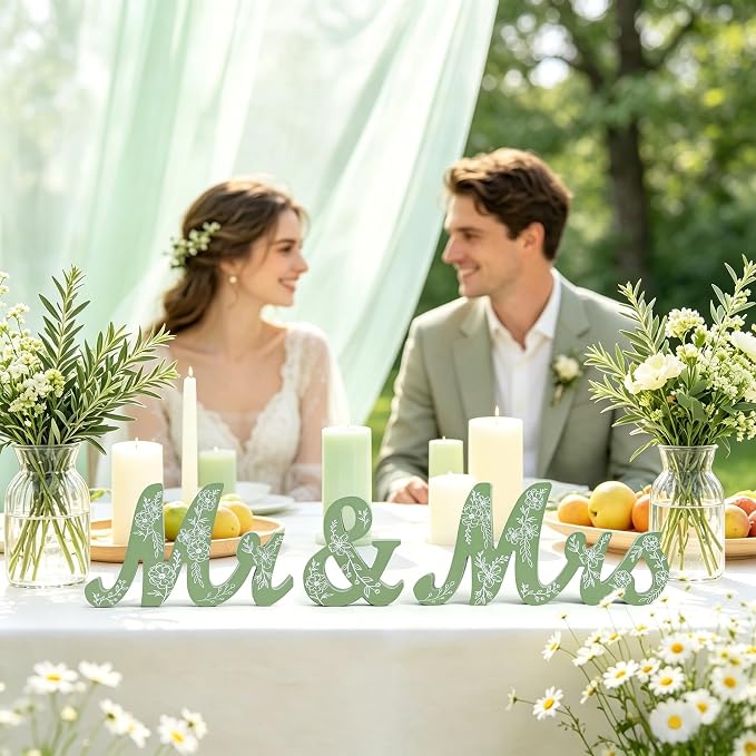 Mr & Mrs Sign for Wedding Table Sage Green Floral Wedding Decorations for Reception Rustic Wooden Freestanding Letters Table Centerpieces Wooden Photo Booth Props for Wedding Bridal Anniversary Supplies