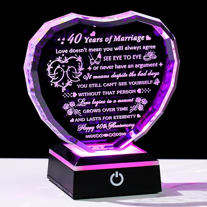 Arikyrist 40th Wedding Anniversary Crystal Heart Gifts for Couple Parents, Laser Engraved 40th Anniversary Decoration Gifts for Wife Husband, 40 Years of Marriage Gift for Him Her Friends