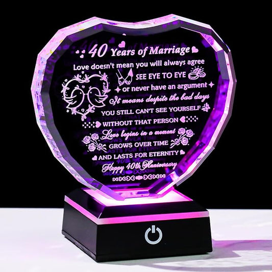 Arikyrist 40th Wedding Anniversary Crystal Heart Gifts for Couple Parents, Laser Engraved 40th Anniversary Decoration Gifts for Wife Husband, 40 Years of Marriage Gift for Him Her Friends