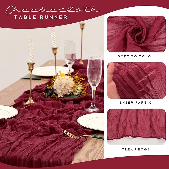 12 Pack Cheesecloth Table Runner 35 x 120 inch Long Boho Cheese Cloth Gauze Table Runners Semi Sheer Table Runner for Wedding Decor, Bridal Shower, Birthday Party (Burgundy)