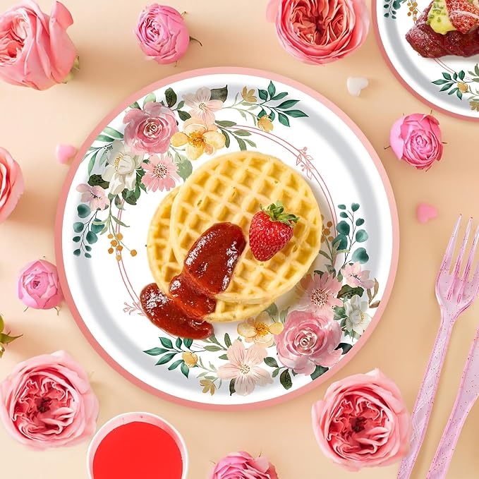 350 Pieces Baby Shower Decorations for Girl Serves 50 Guests, Floral Disposable Dinnerware Set, Pink and Rose Gold Paper Plates Cups Napkins with Plastic Cutlery