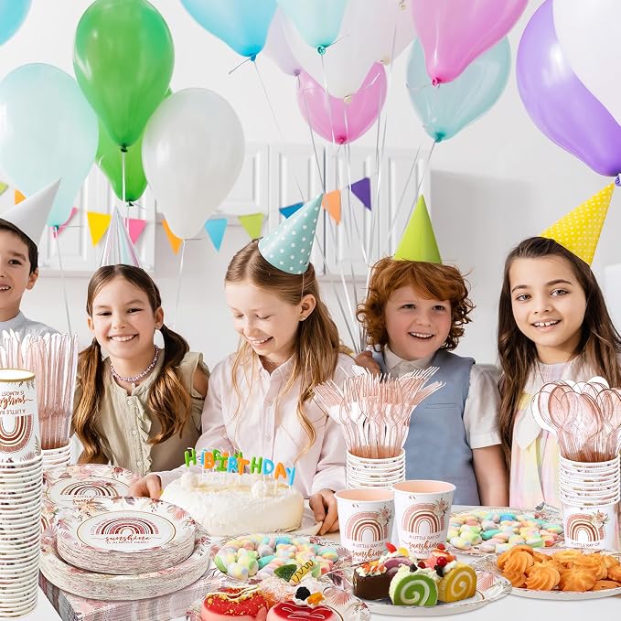 Ziliny 350 Pcs Boho Sunshine Baby Shower Party Supplies Rainbow Paper Plates Napkins Cups and Plastic Cutlery Party Tableware Set for Baby Shower Birthday Decorations, Serves 50