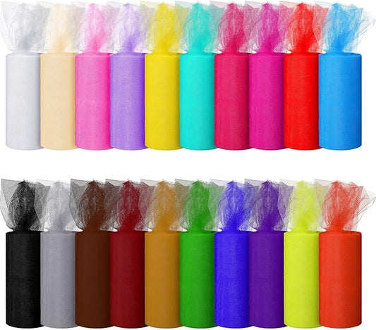 20 Colors Rainbow Tulle Rolls 6 Inch by 25 Yards Tulle Fabric Spool Ribbon Netting Fabric Spool Gauze Mesh Ribbon DIY Crafting Favor Supplies for Tutus Wedding Party Decorations Wrapping Skirt Dress
