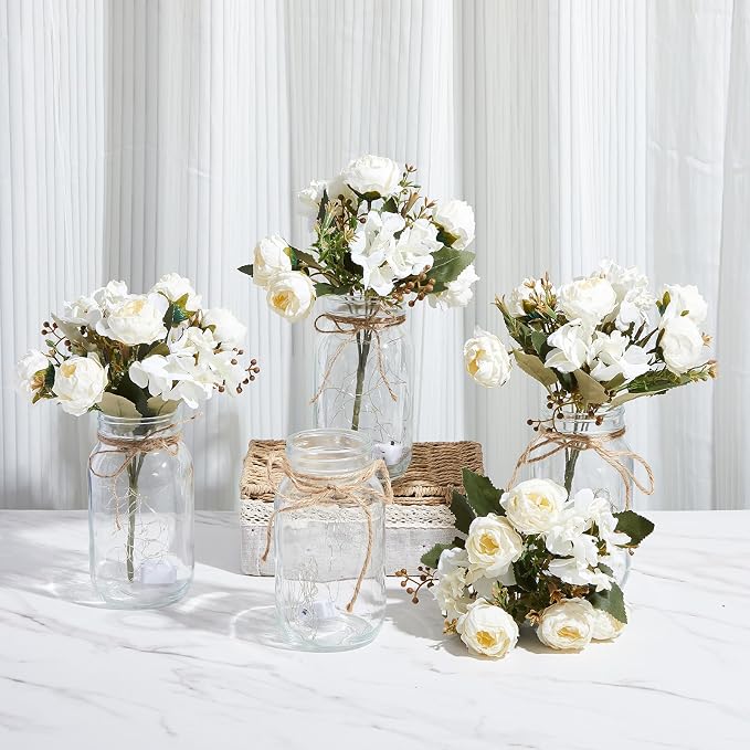 4 Sets Mason Jar with Lights White Faux Peony Decorative White Centerpieces for Tables Mason Jars Flowers Decorations LED Farmhouse Vase for Home Wedding Event Party Decor