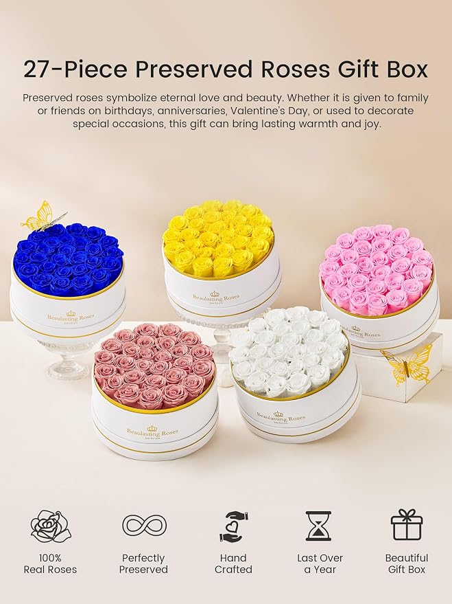 27 Preserved Roses Forever Flowers Real Roses in a Box Mother's Day Birthday Flowers for Her Mom Women Wife Valentine's Day, Yellow Roses