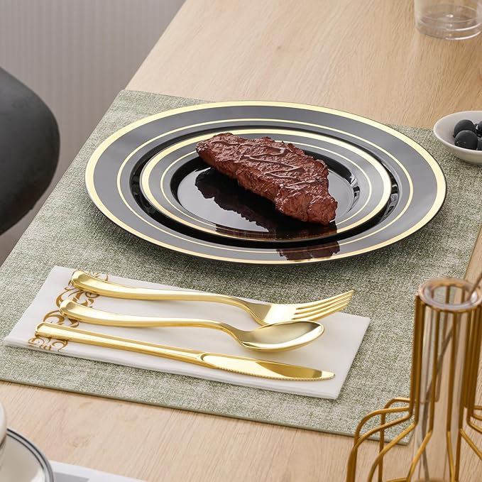 Fijinhom 350 Pieces Black & Gold Disposable Plates for 50 Guests, Disposable Plastic Plates, Dinnerware Set of 50 Dinner Plates, 50 Salad Plates,50 Cups and 50 Paper Napkins, for Party, Wedding