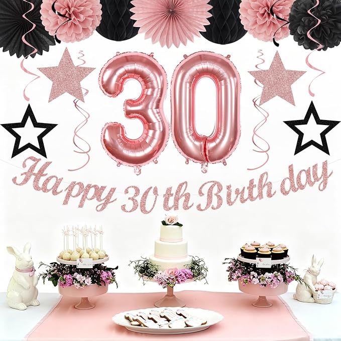 Rose-Gold Pink Black Women 30th Happy Birthday Party Decorations Hugmoon | 21pcs Kit 30th Balloon,Cute Girl Banner,Streamers,Tissue Paper Pom Poms Flowers Fans,Birthday Garlands Decor Backdrop