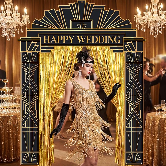 Peryiter 5 Pcs Roaring 20s Party Decorations Welcome Arch, Gold Fringe Curtain and Double Sided Tape for 1920s Theme Party Backdrop Photography Background