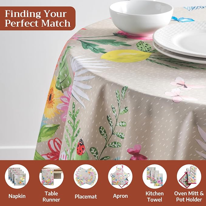 Maison d' Hermine Table Cloth Round Table 100% Cotton 69 Round Inches Tablecloth Reusable Decorative for Dining Kitchen Room Farmhouse Party Home Hotel Restaurant Spring Summer - Jardin D'Ete - Fog