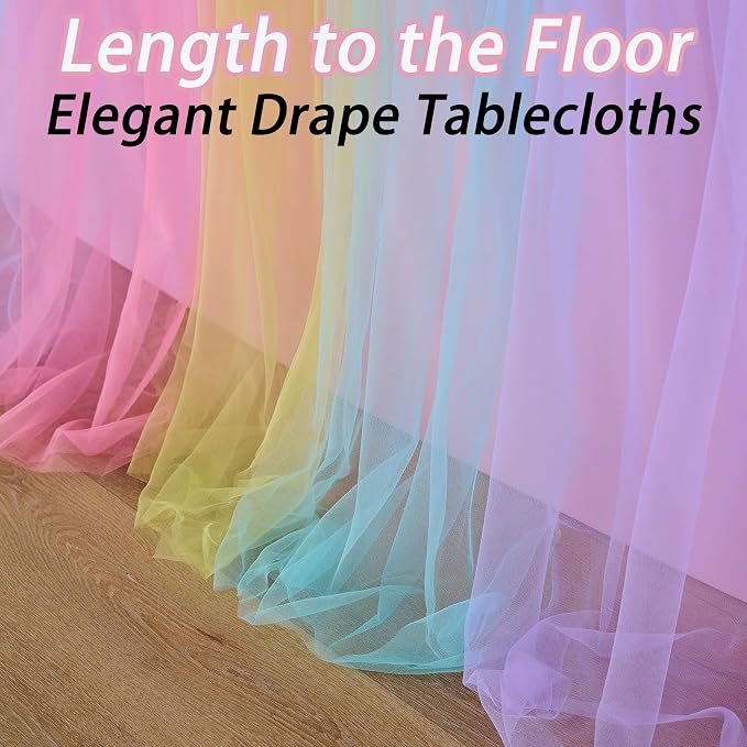4 pk 6ft Rainbow Tulle Tablecloth for Rectangle Tables, 2-in-1 Pastel Color Table Covers with Tulle Skirt,Wrinkle Free Stretchy Ruffle Tulle Table Cloths Fitted for Wedding Party Banquet Vendor