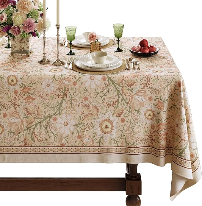 French Thick Linen Tablecloth for Rectangle Tables, Pink Floral Waterproof Wipeable Decorative Table Cover for Dining Kitchen Indoor Outdoor, 55" x 71", 4-6 Seats